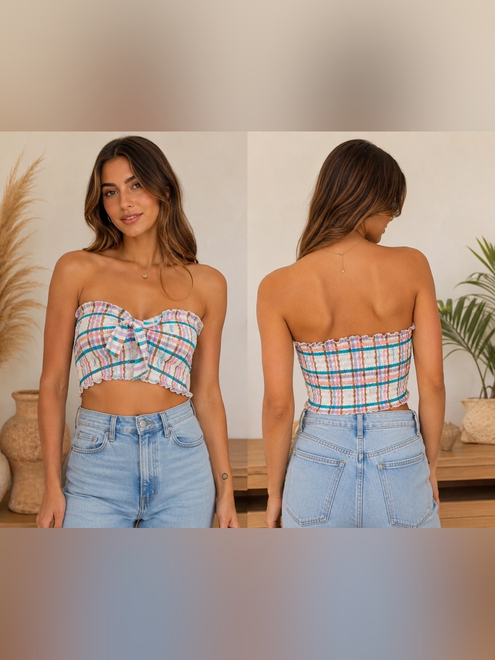 PrettyLittleThing Plaid Smocked Tube Top with Front Tie | Size US 2 / XS